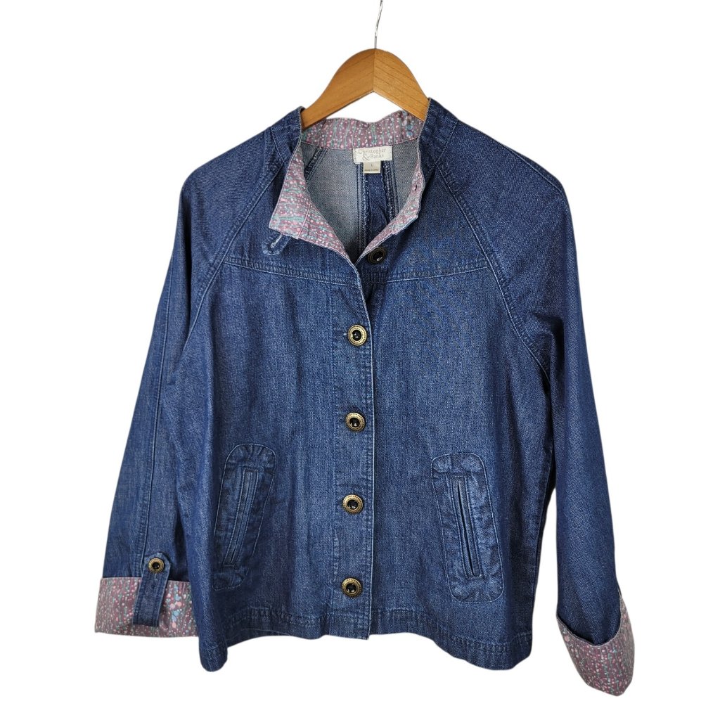 Christopher & Banks Denim Jacket Large Indigo Trucker Jean Button Up Boxy